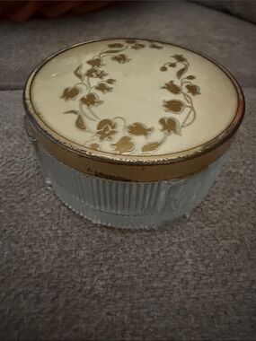 Source Unknown Clear Ribbed Glass Trinket Jar with Gold Floral Lid